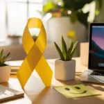 Ambiente de escritório com laço amarelo, plantas verdes e laptop em mesa de madeira iluminada suavemente.