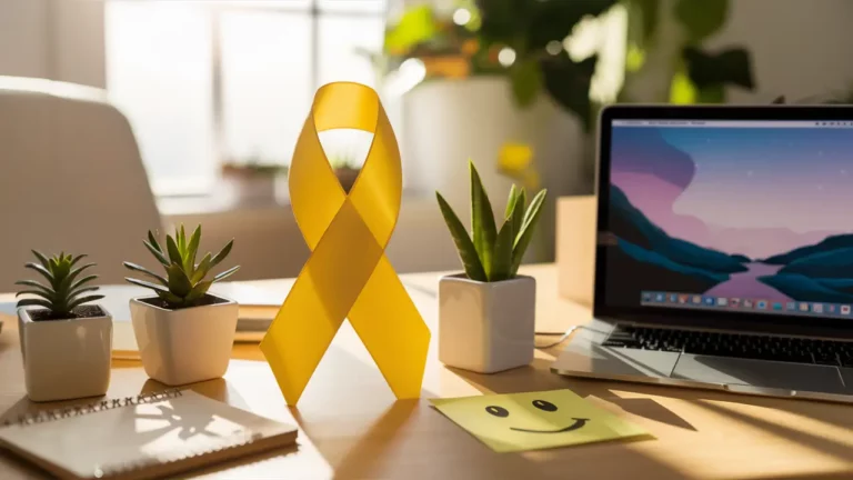 Ambiente de escritório com laço amarelo, plantas verdes e laptop em mesa de madeira iluminada suavemente.