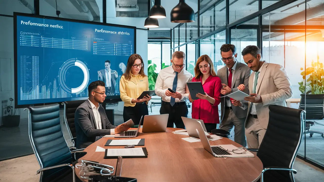 Profissionais analisando métricas de desempenho em um ambiente de escritório moderno com display digital e luz natural.