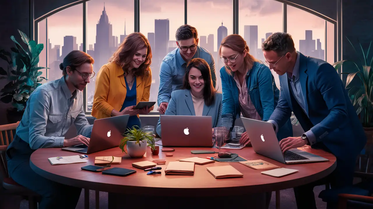 Colaboradores diversos em reunião em torno de mesa redonda em escritório moderno com skyline ao fundo.