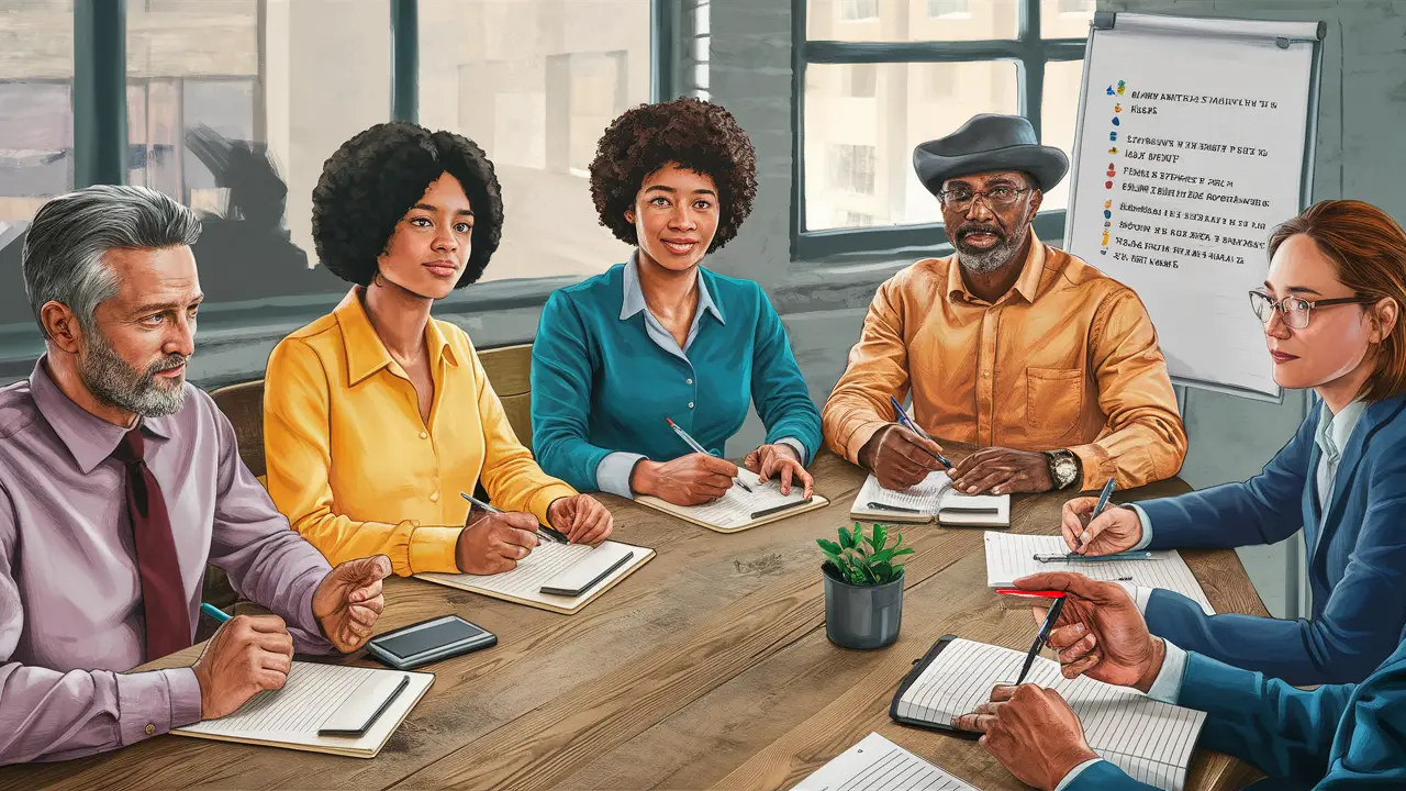 Pessoas diversas discutindo em uma mesa de escritório com bloco de notas e quadro de avisos ao fundo.