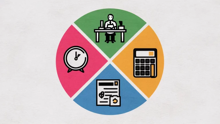 Gráfico de pizza com ícones de trabalhador, relógio e calculadora em cores vibrantes sobre fundo branco.
