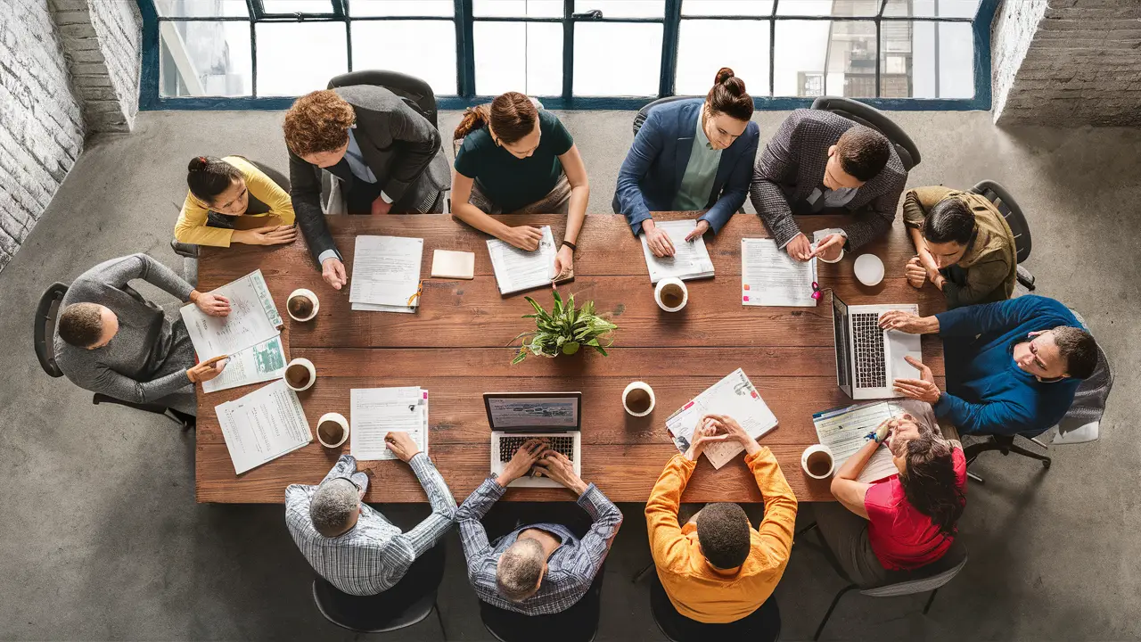 Grupo diversificado trabalhando em colaboração em torno de uma grande mesa de madeira em um escritório moderno.