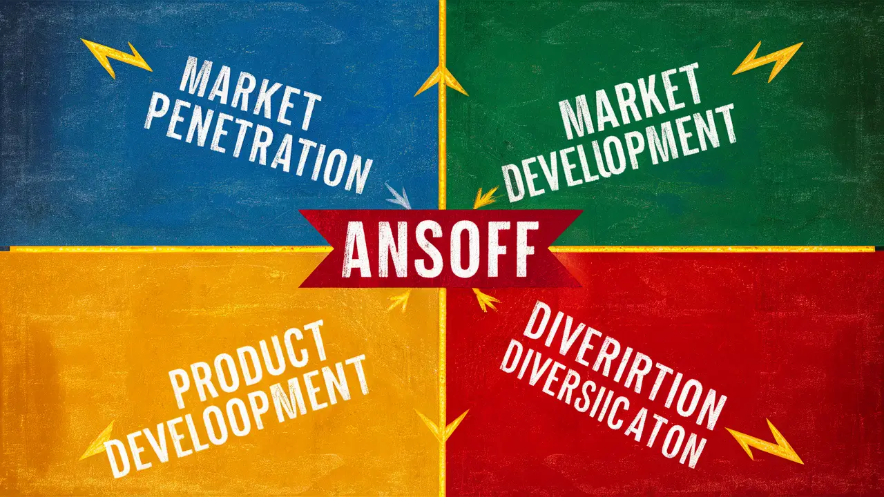 Diagrama da matriz Ansoff com quatro quadrantes coloridos: penetração de mercado azul, desenvolvimento de mercado verde.