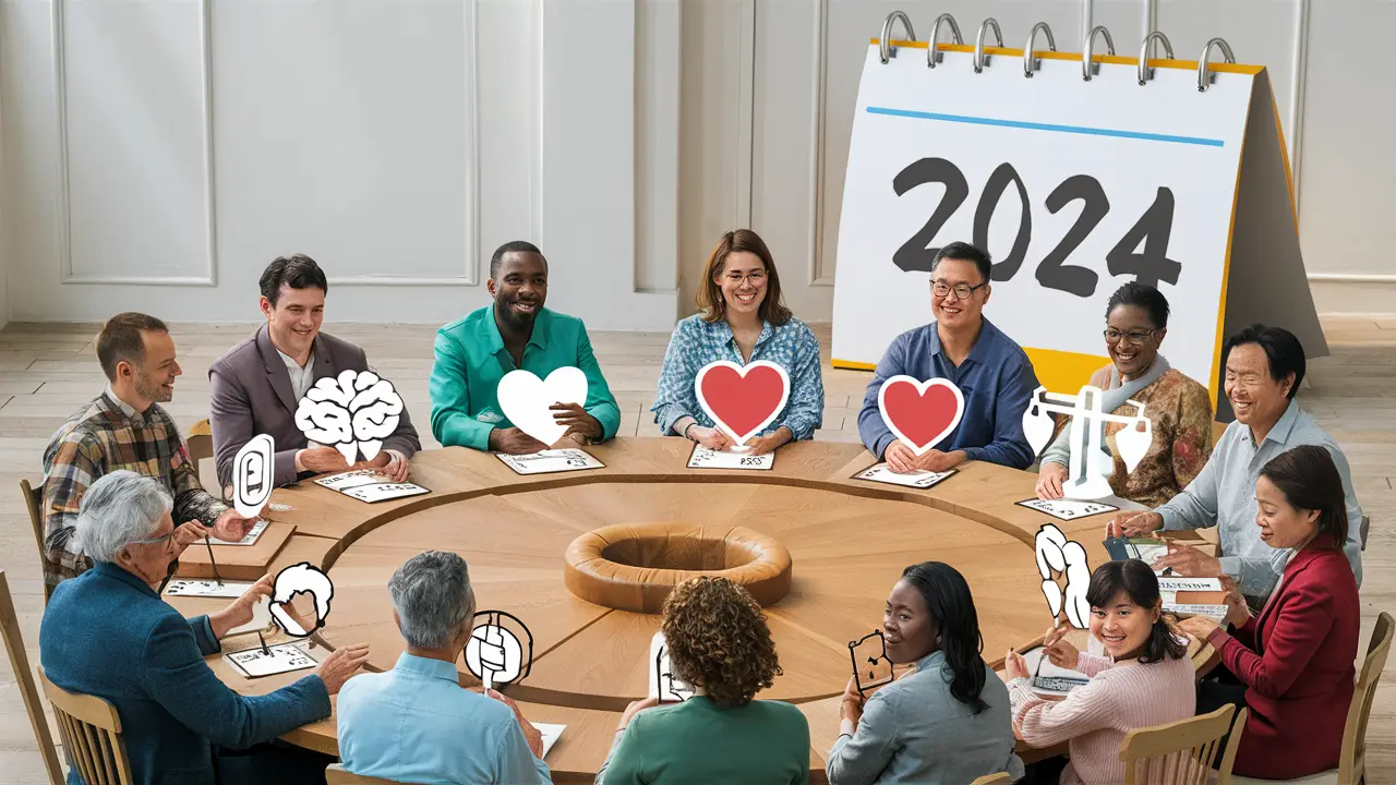 Pessoas diversas ao redor de uma mesa circular segurando símbolos de saúde mental com um calendário de 2024 ao fundo.